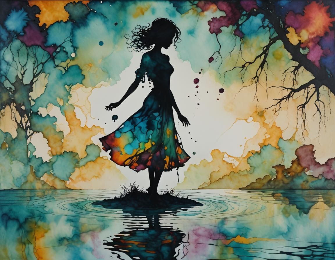 Eclectic Surrealist Fusion: Floating Woman in Colorful Lake