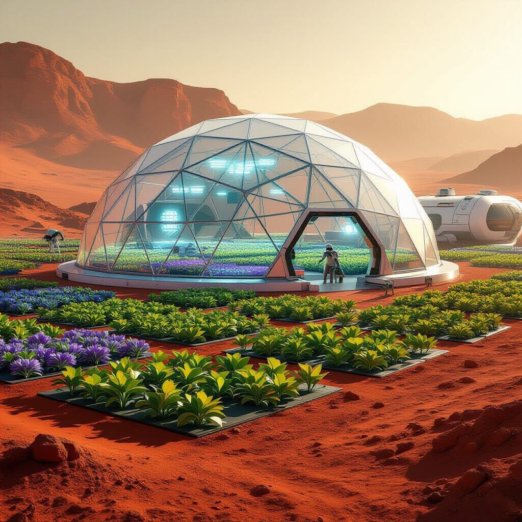 Martian Biodome Greenhouse With Glowing Crops