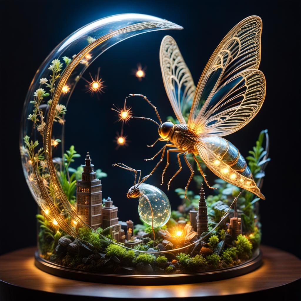 Ethereal Firefly with Dystopian Cityscape