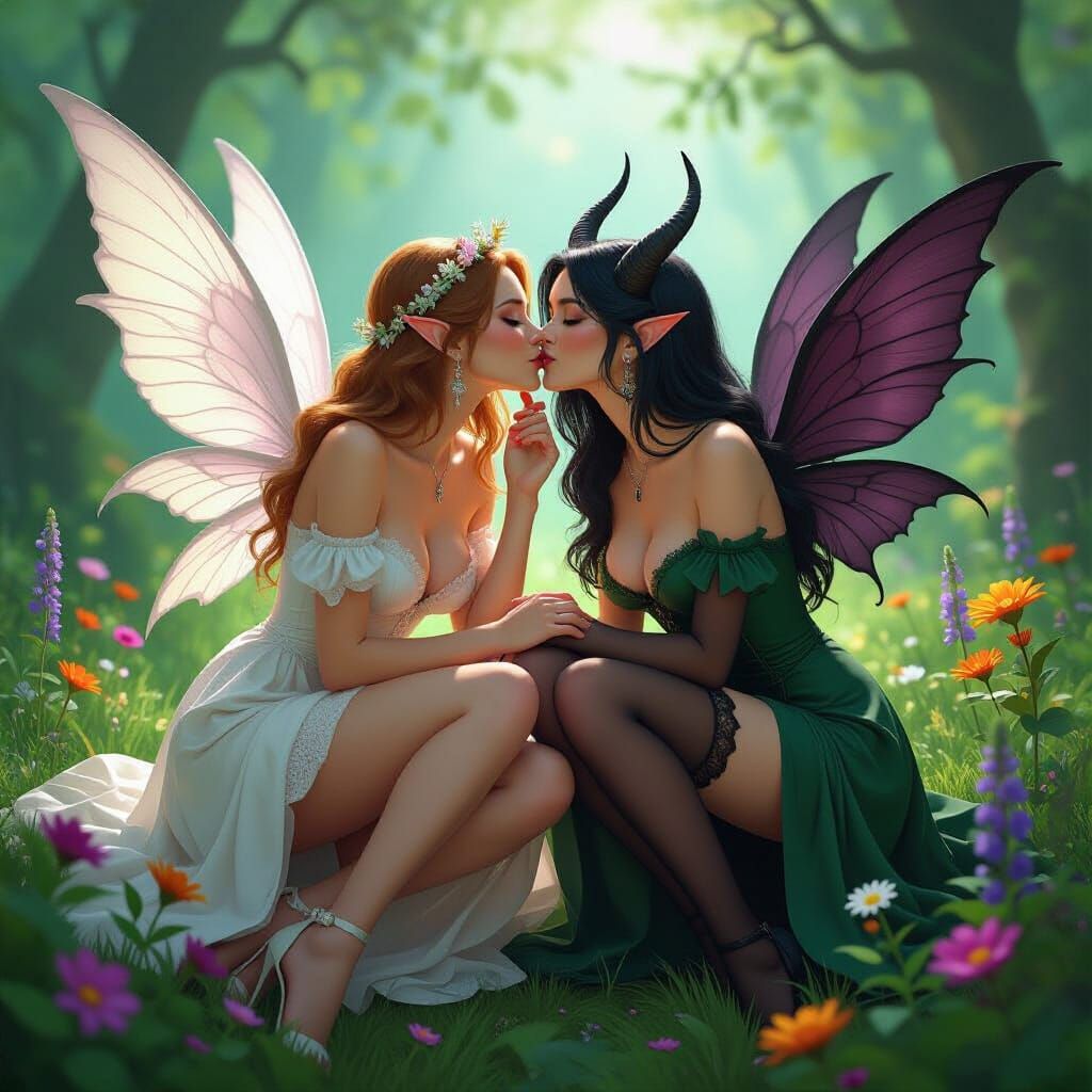 Angelic Kiss: Fairy and Demon Embrace in Forest