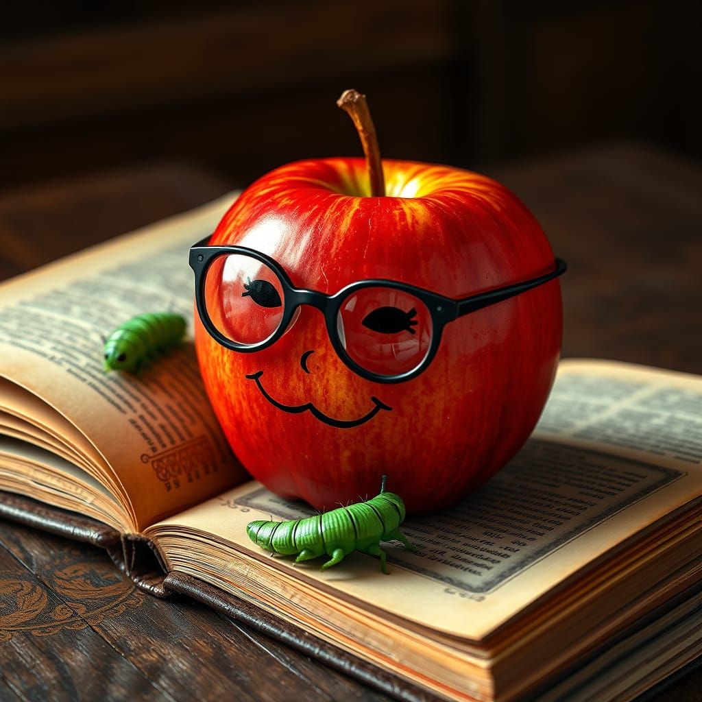 Charming Apple in 3D, Reading a Book with a Curious Caterpil...