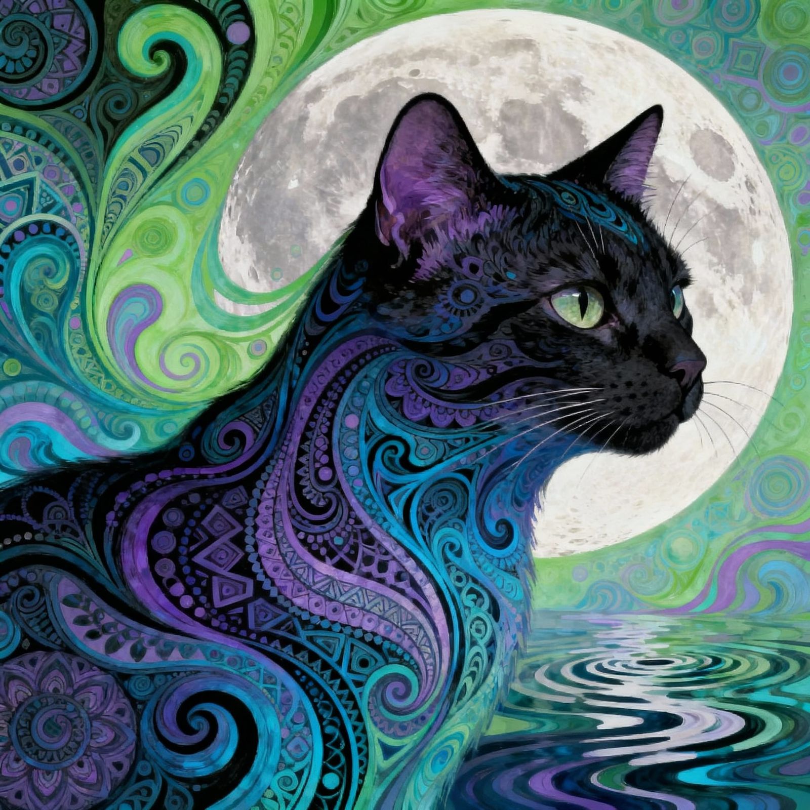 Psychedelic Cat Morphing With Moon in Swirling Pastel Colors