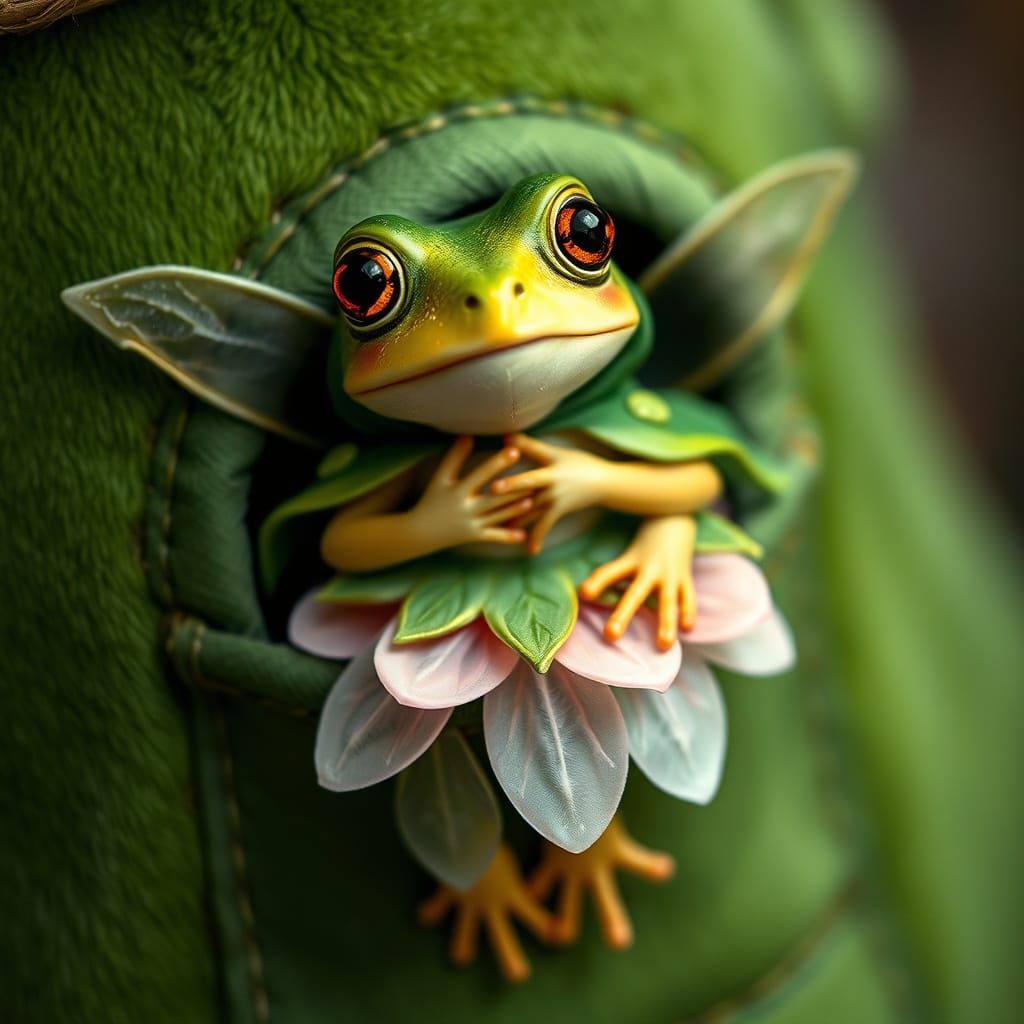 Frog Fairy in Pocket, Whimsical Fantasy Art