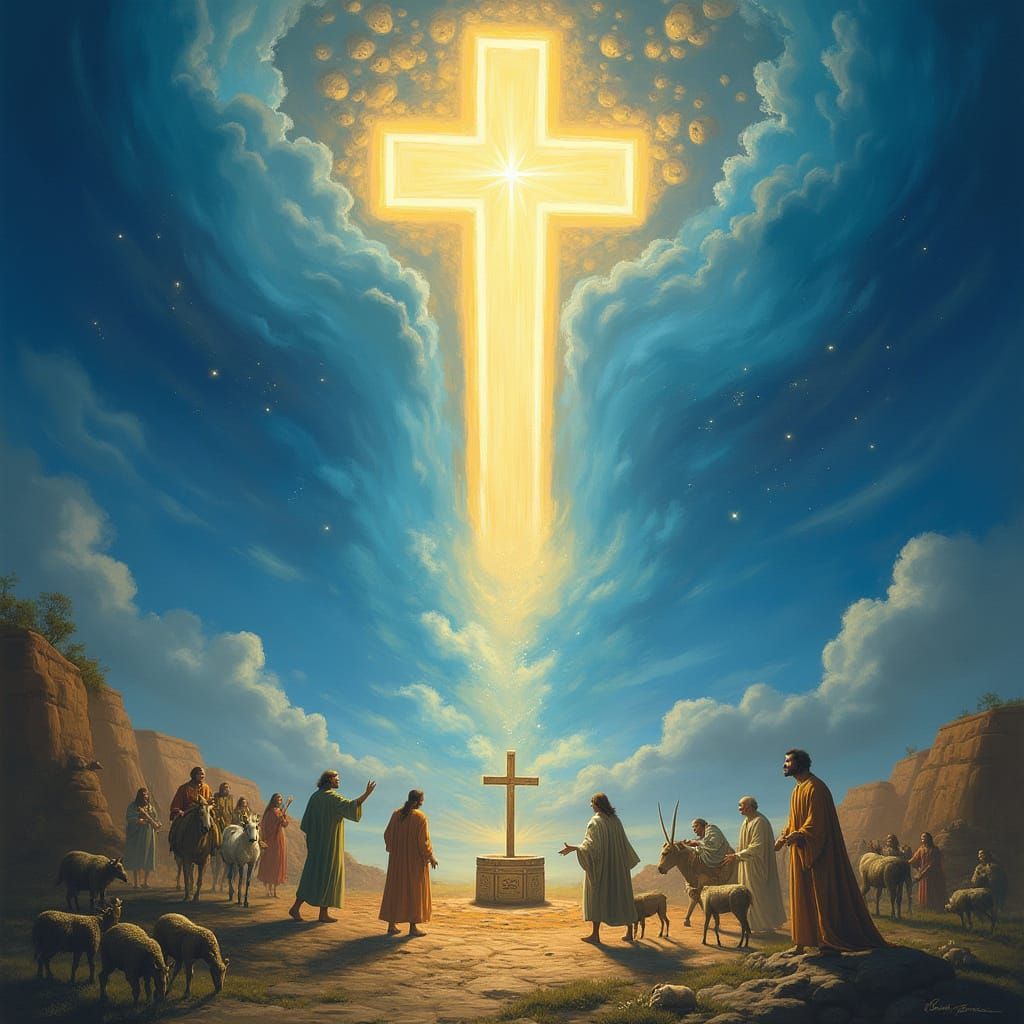 Ethereal Night Sky with Golden Cross in a Majestic Dreamlike...