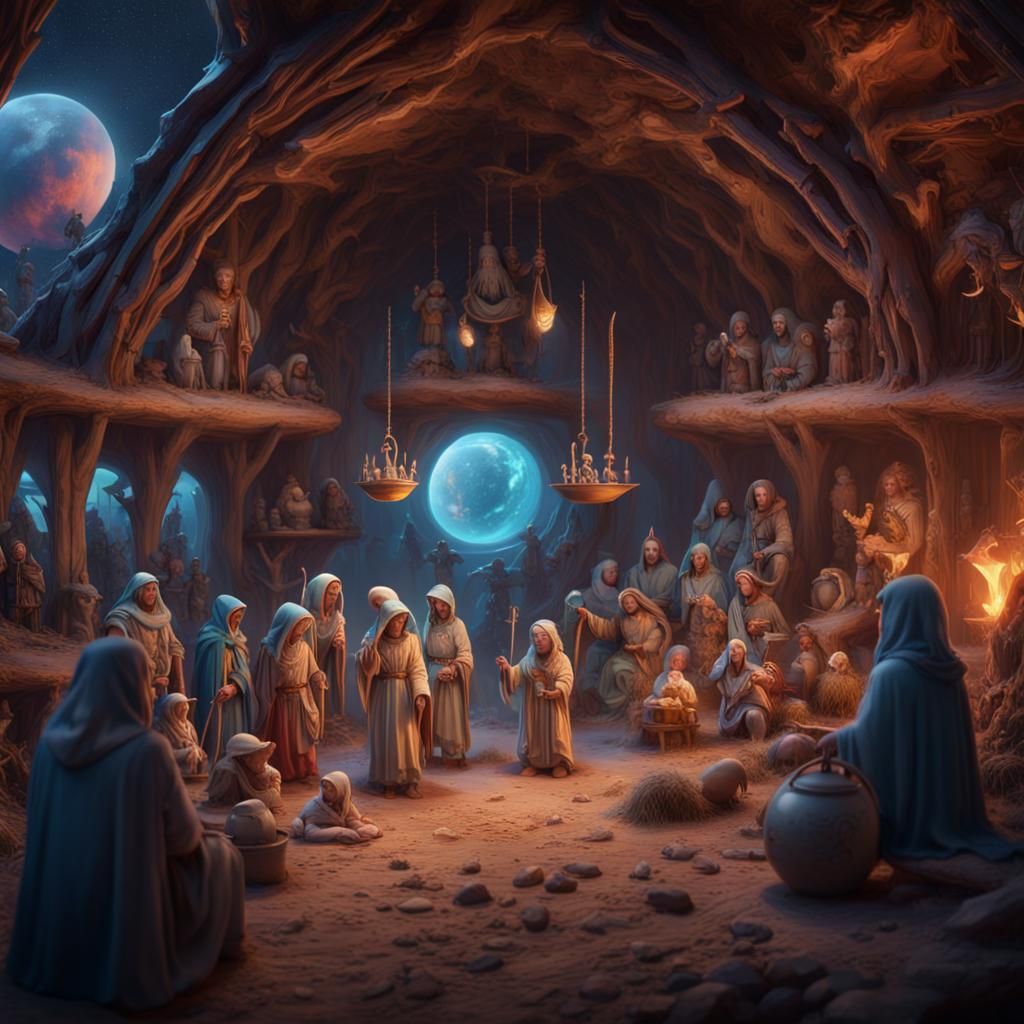 Holographic Nativity Scene in Space: Detailed Matte Painting