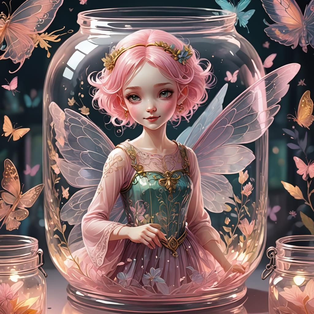 Fairy in Glass Jar: Anime Cel-Shaded Art