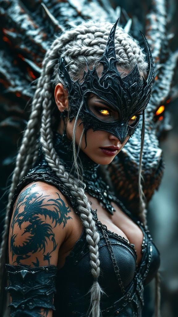 Dragon Tattooed Warrior Woman in Dark Fantasy