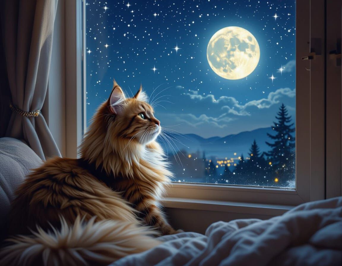 Happy Cat Gazes at Stars in Luminous Oil Painting