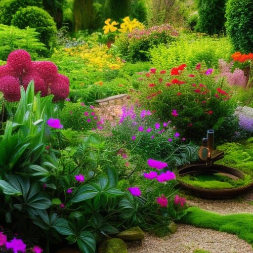 Lush Garden Overflowing with Plants in Detailed Matte Painti...