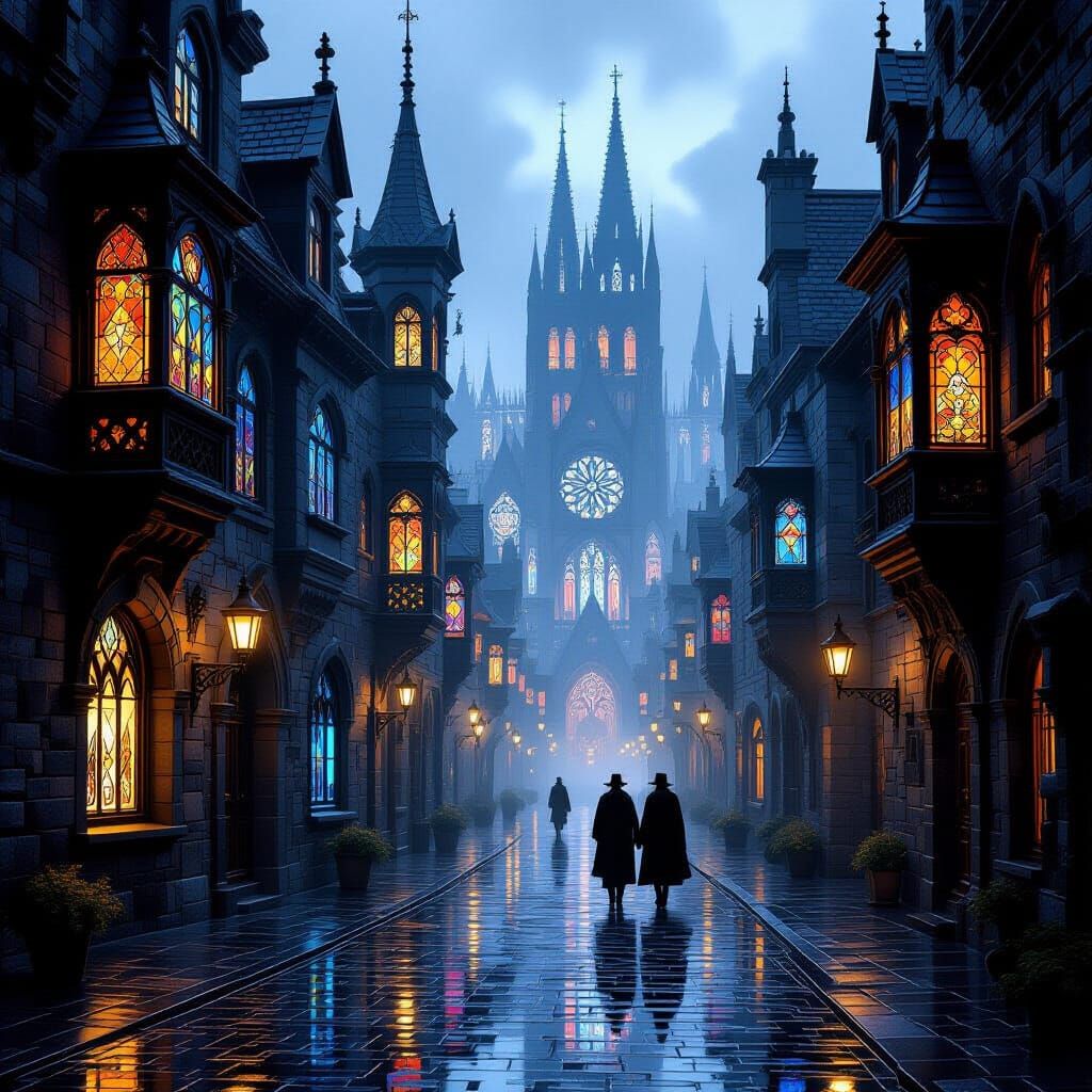 Gothic Fantasy City Street at Dusk After Rain