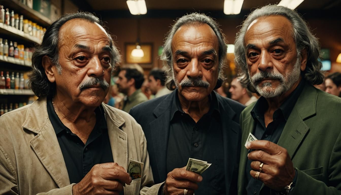 Cheech Marin and Tommy Chong as Batman and Robin without their masks on, buying marijuana at a legal dispensary.