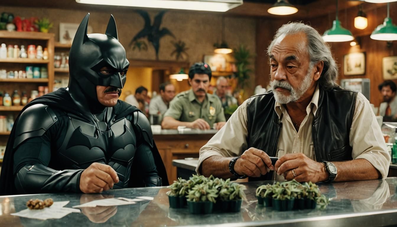 Cheech Marin and Tommy Chong as Batman and Robin without their masks on, buying marijuana at a legal dispensary.
