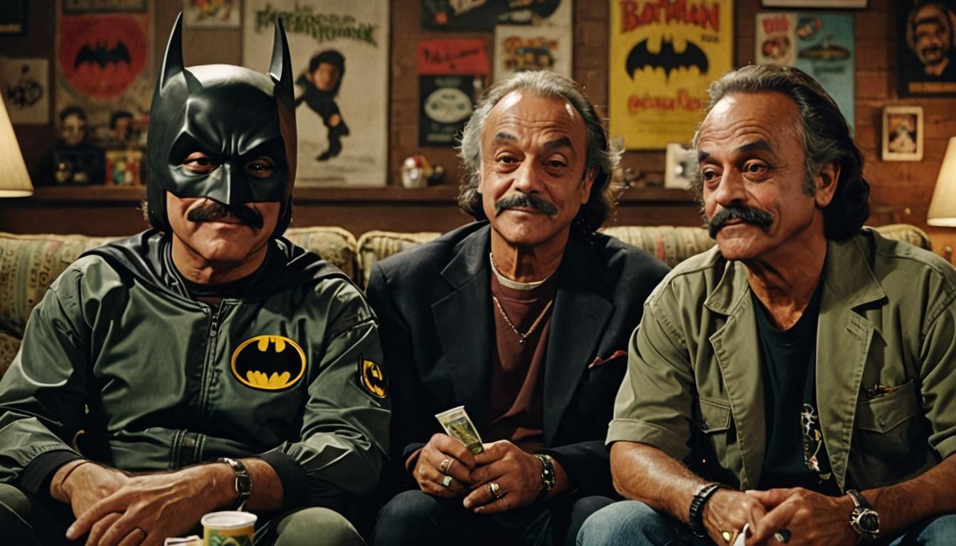 Cheech Marin and Tommy Chong as Batman and Robin without their masks on, buying marijuana at a legal dispensary.