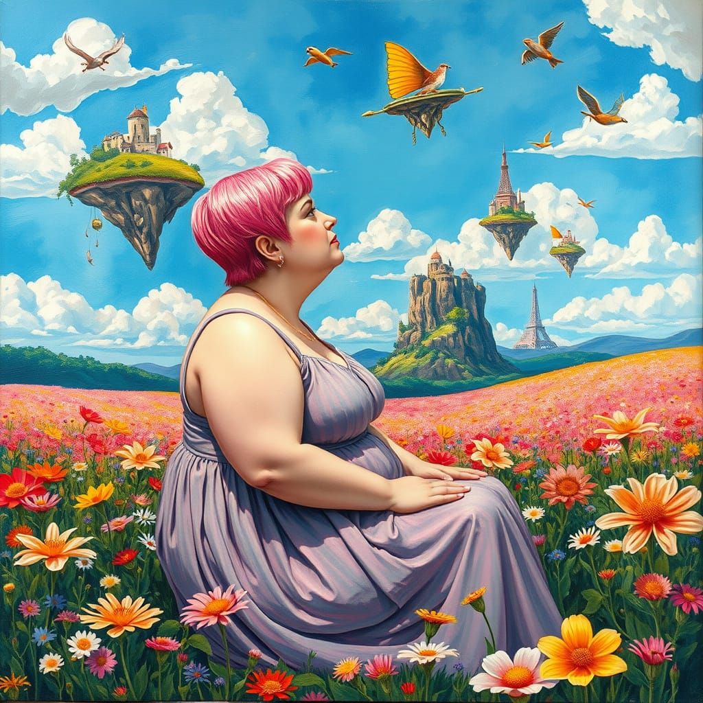 Vibrant Whimsy in Impressionist Style: Chubby Woman Surround...