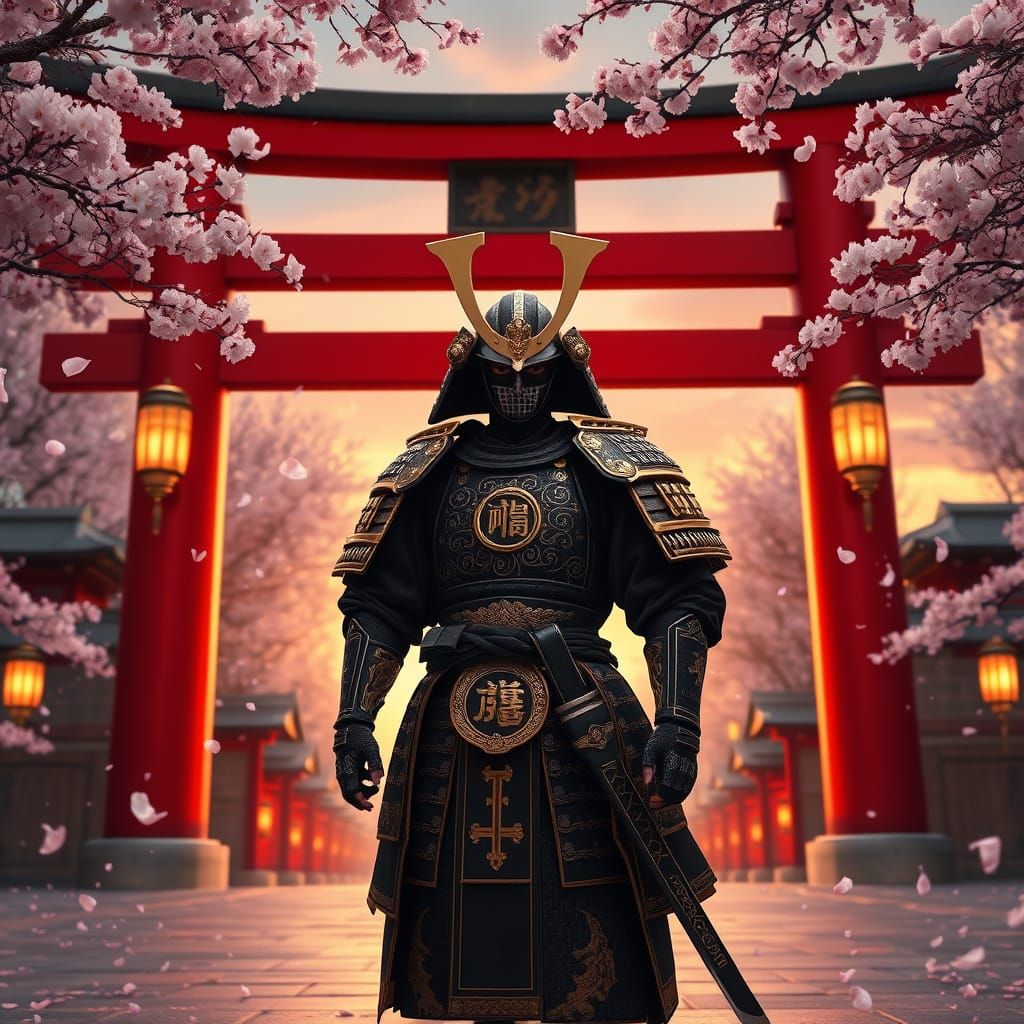 Samurai Warlord Under Cherry Blossoms, Red Torii Gate, Black...