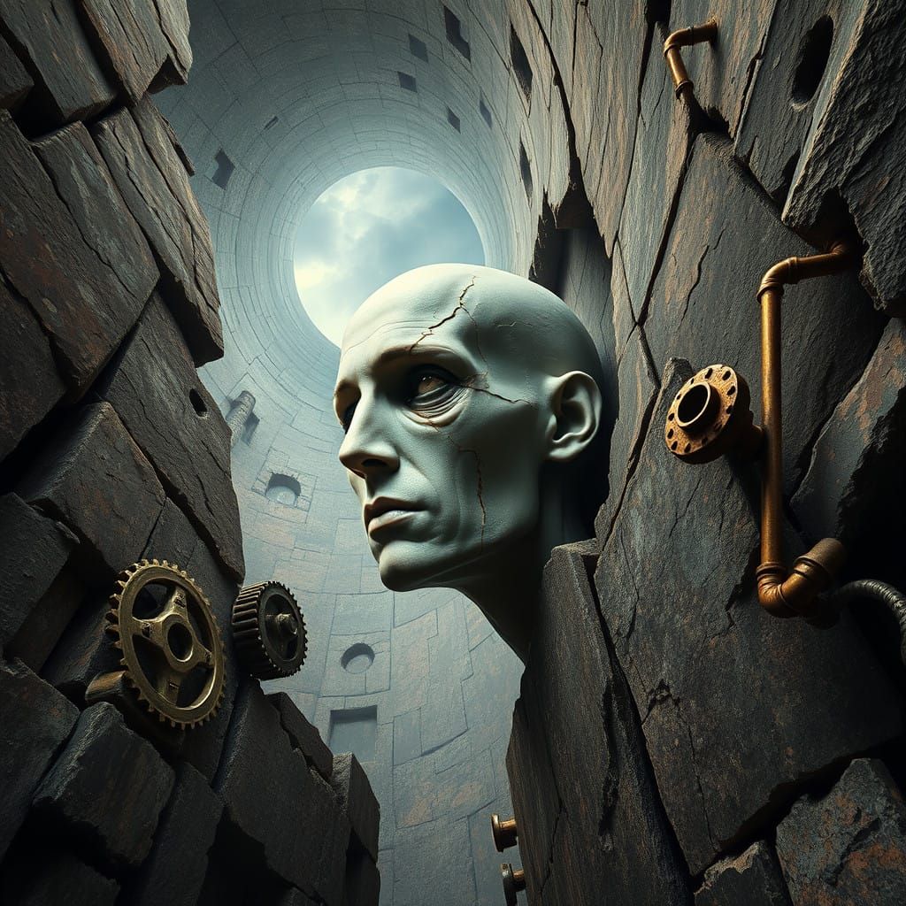 Elongated Head Trapped in Ancient Steampunk-Laden Stone