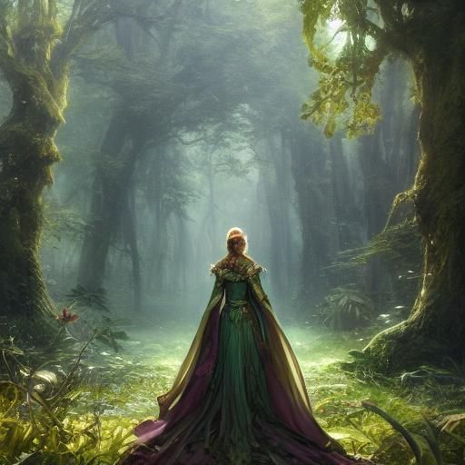 Lost Princess in Forest Grove: Dark Fantasy Art