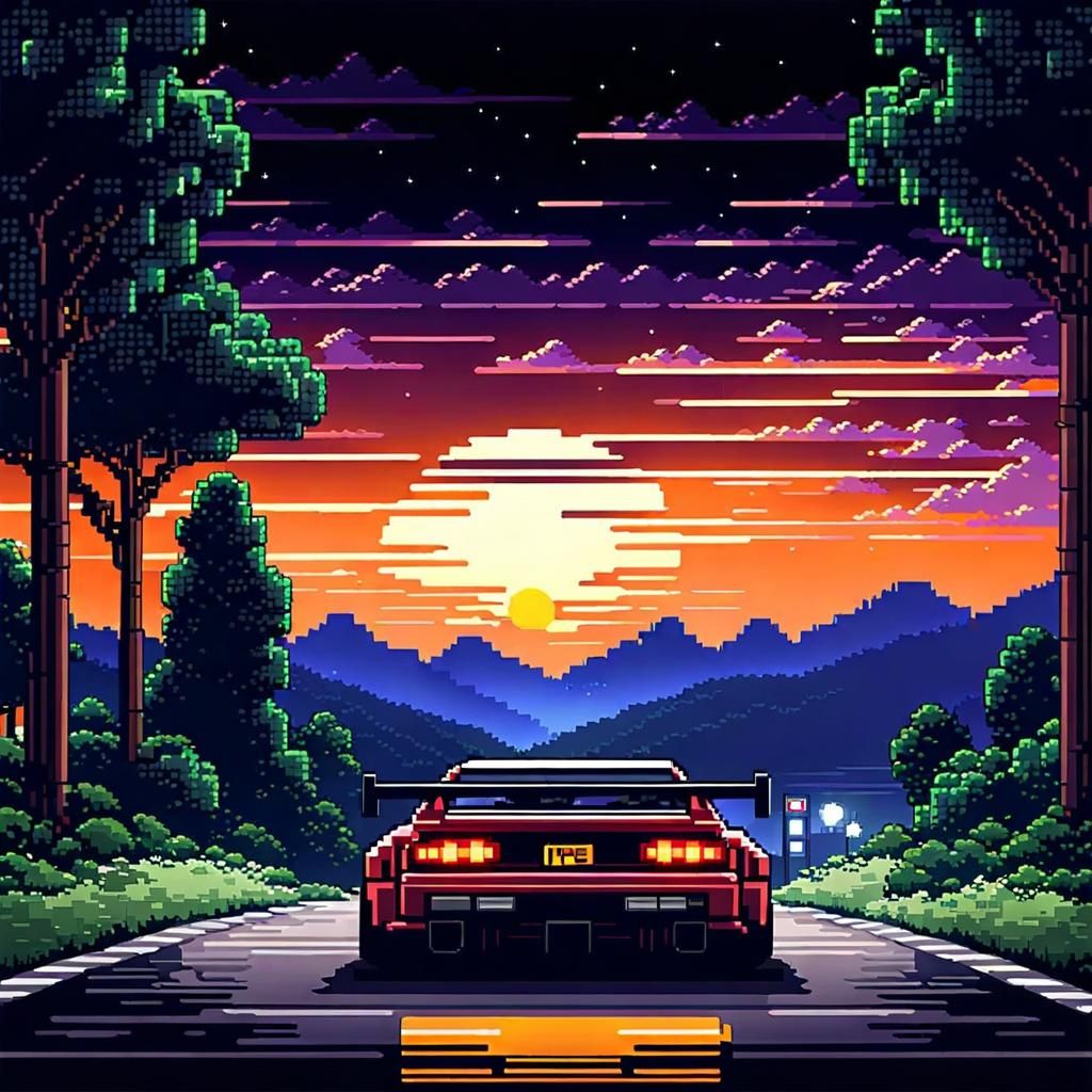 Pixel Car Racer at Night in 8-Bit Pixel Art