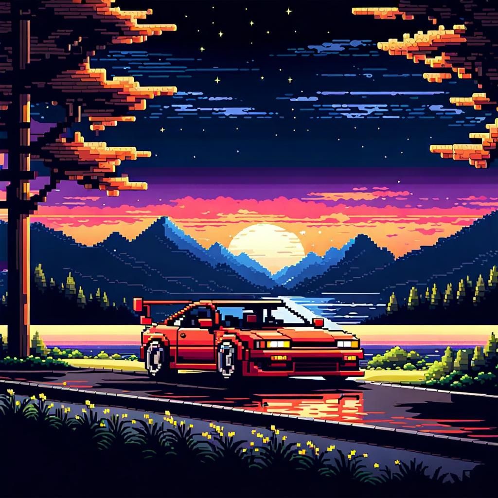 Pixel Car Racer at Night: 8-Bit Pixel Art