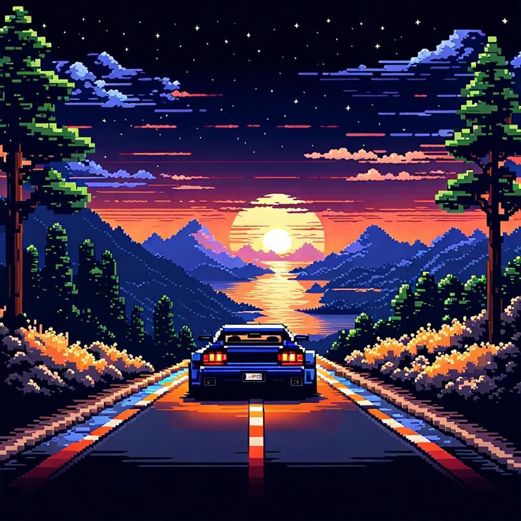 Pixel Car Racer at Night: 8-bit Pixel Art