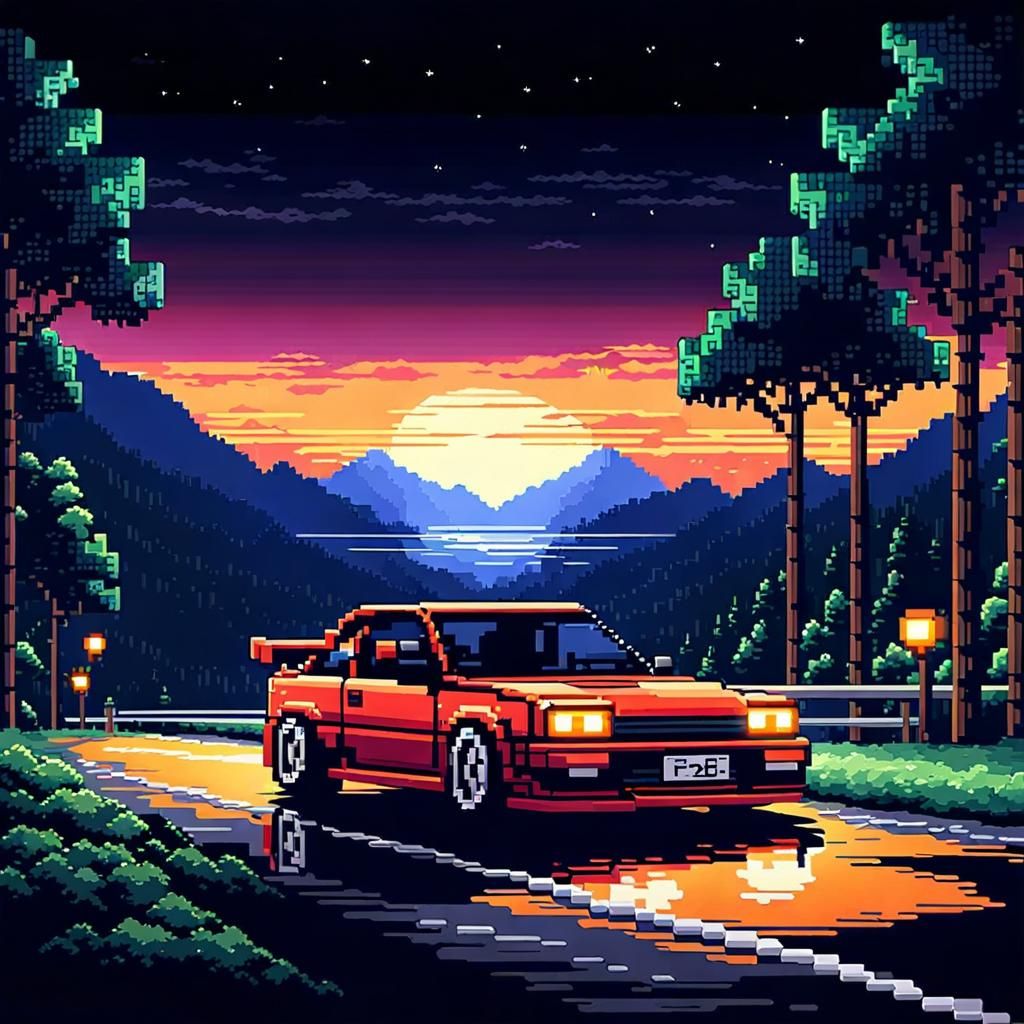 Night Car Race in 8-Bit Pixel Art
