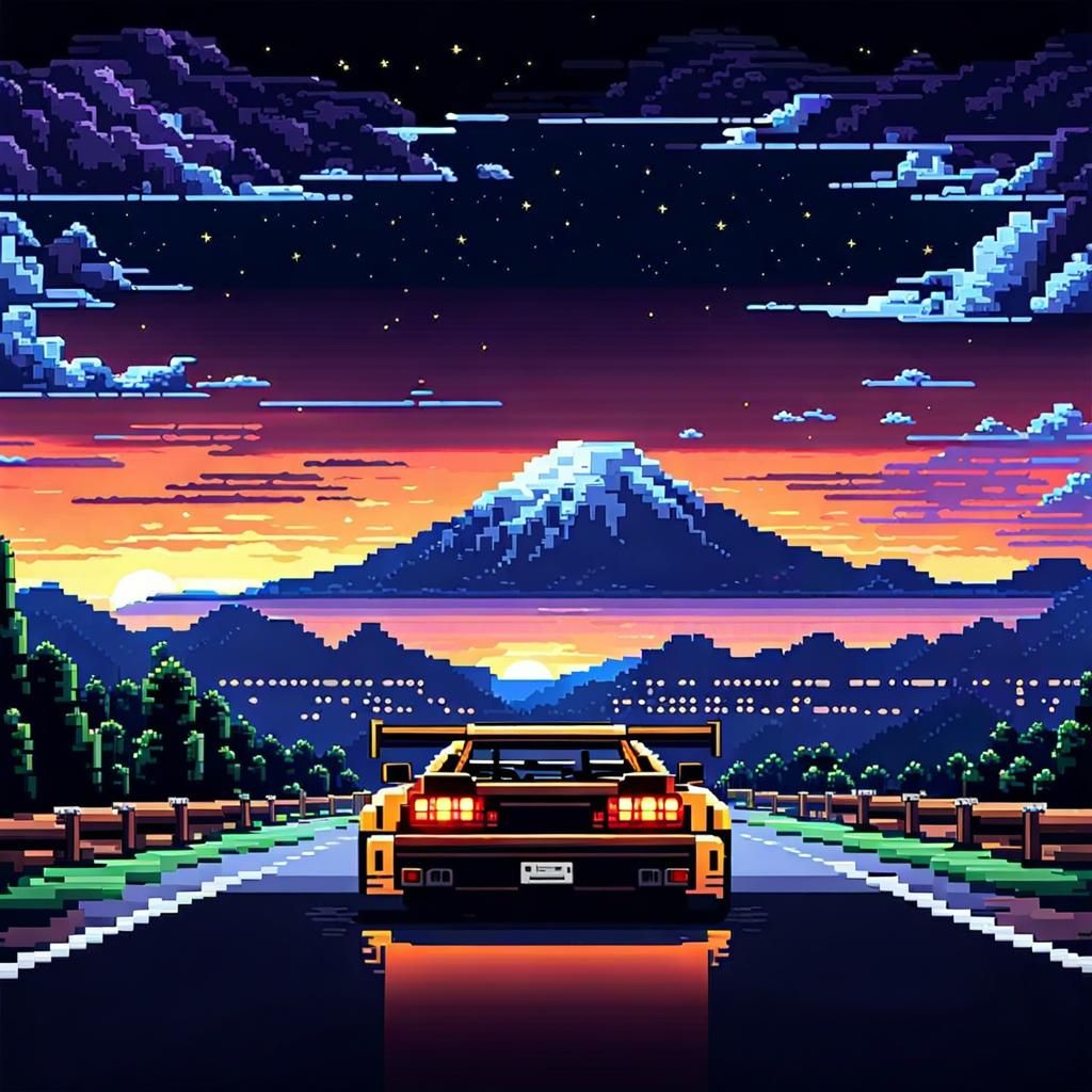 Pixel Car Racer in 8-Bit Pixel Art Night Scene