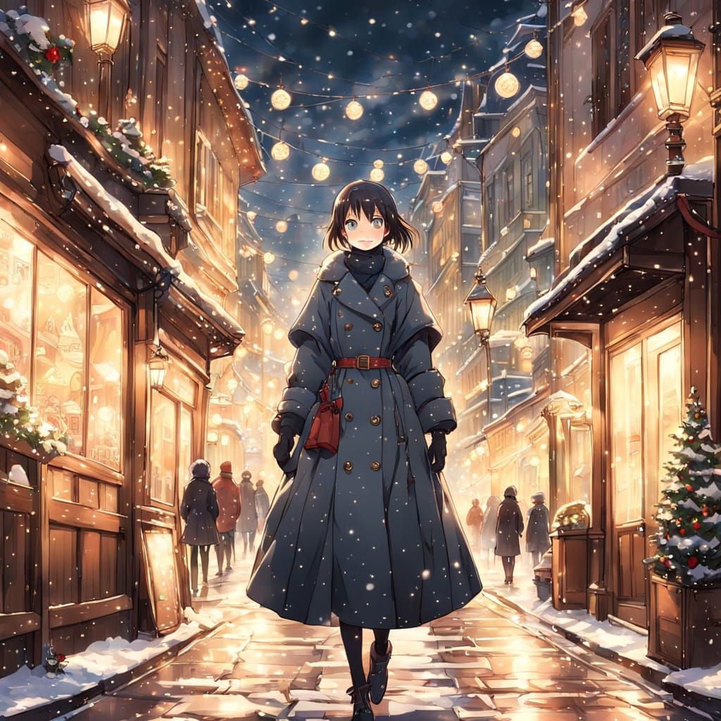Confident Woman Walks Through Christmas-Lit Gothic City in A...