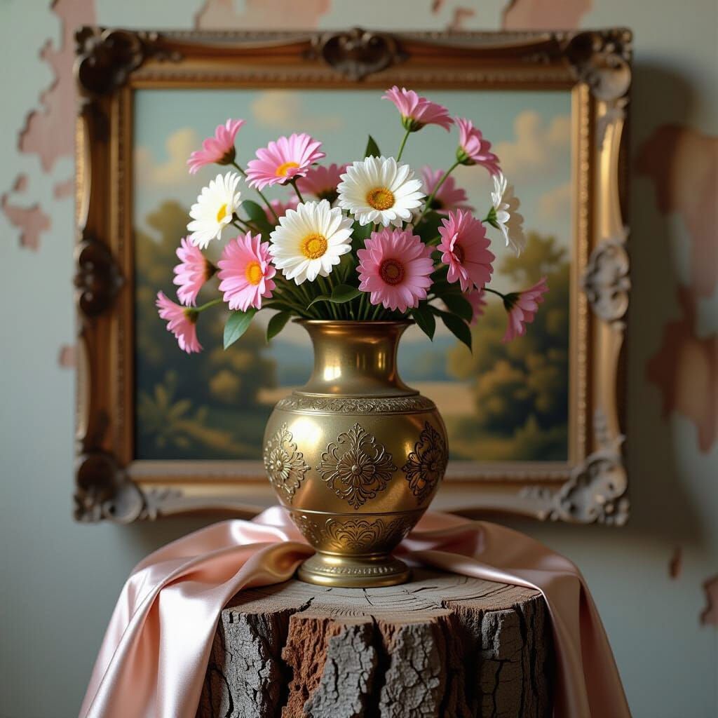 Brass Vase with Provence Flowers on Tree Stump