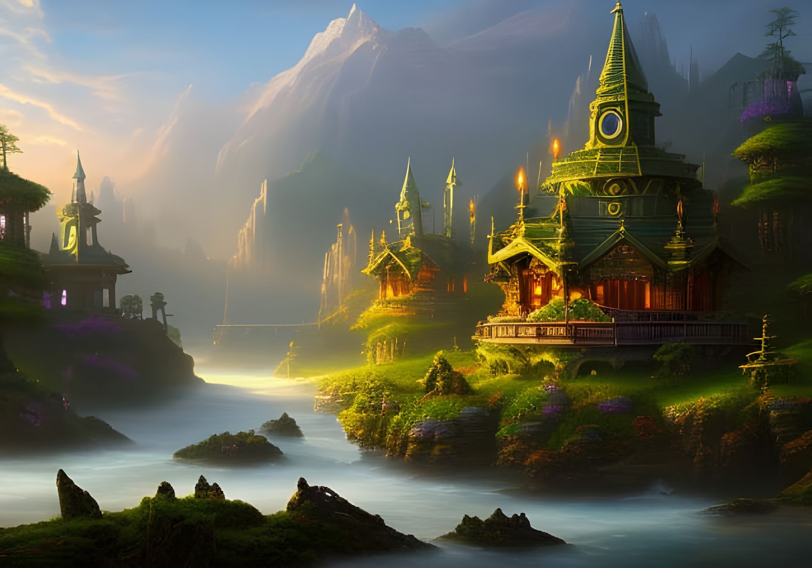 Moonlit Cobblestone House with Glowing Flowers