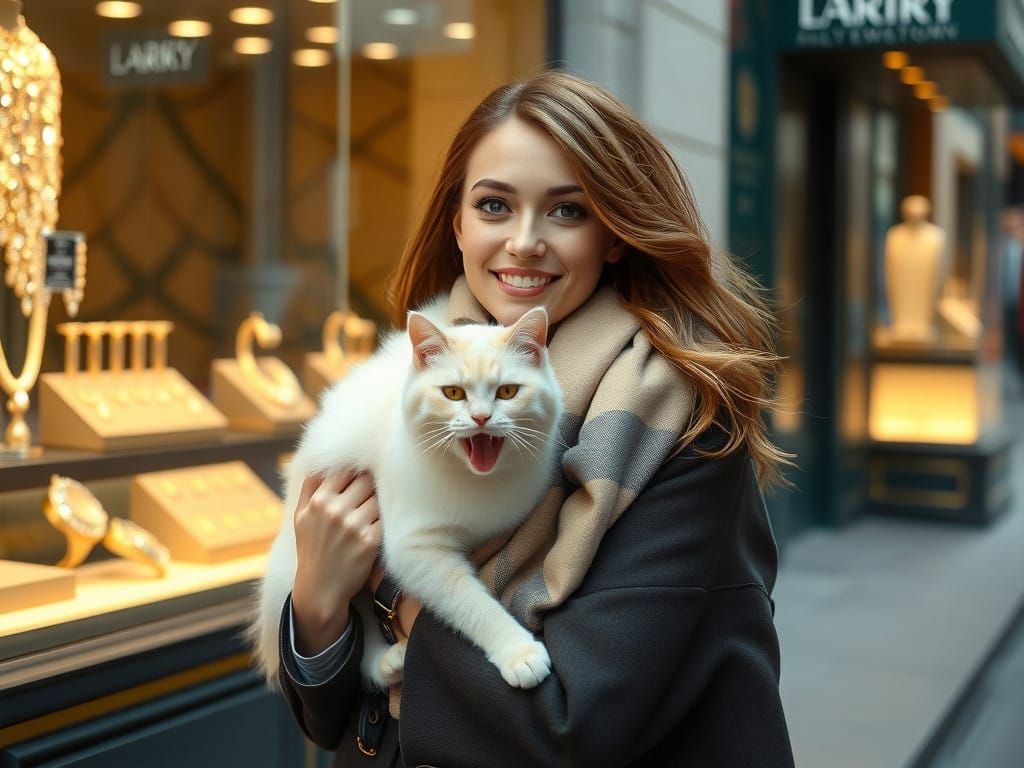 Elegant Woman and Furry Friend Stroll City Streets