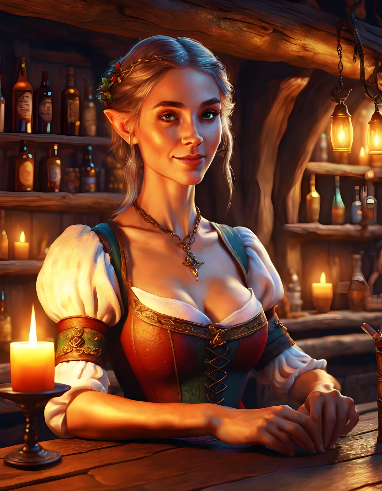 Elven Bar Maiden in Medieval Fantasy Tavern
