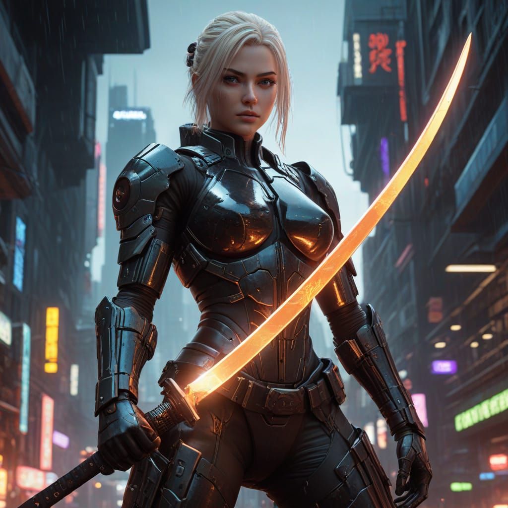 Cyborg Ninja Goddess in Cyberpunk Cityscape