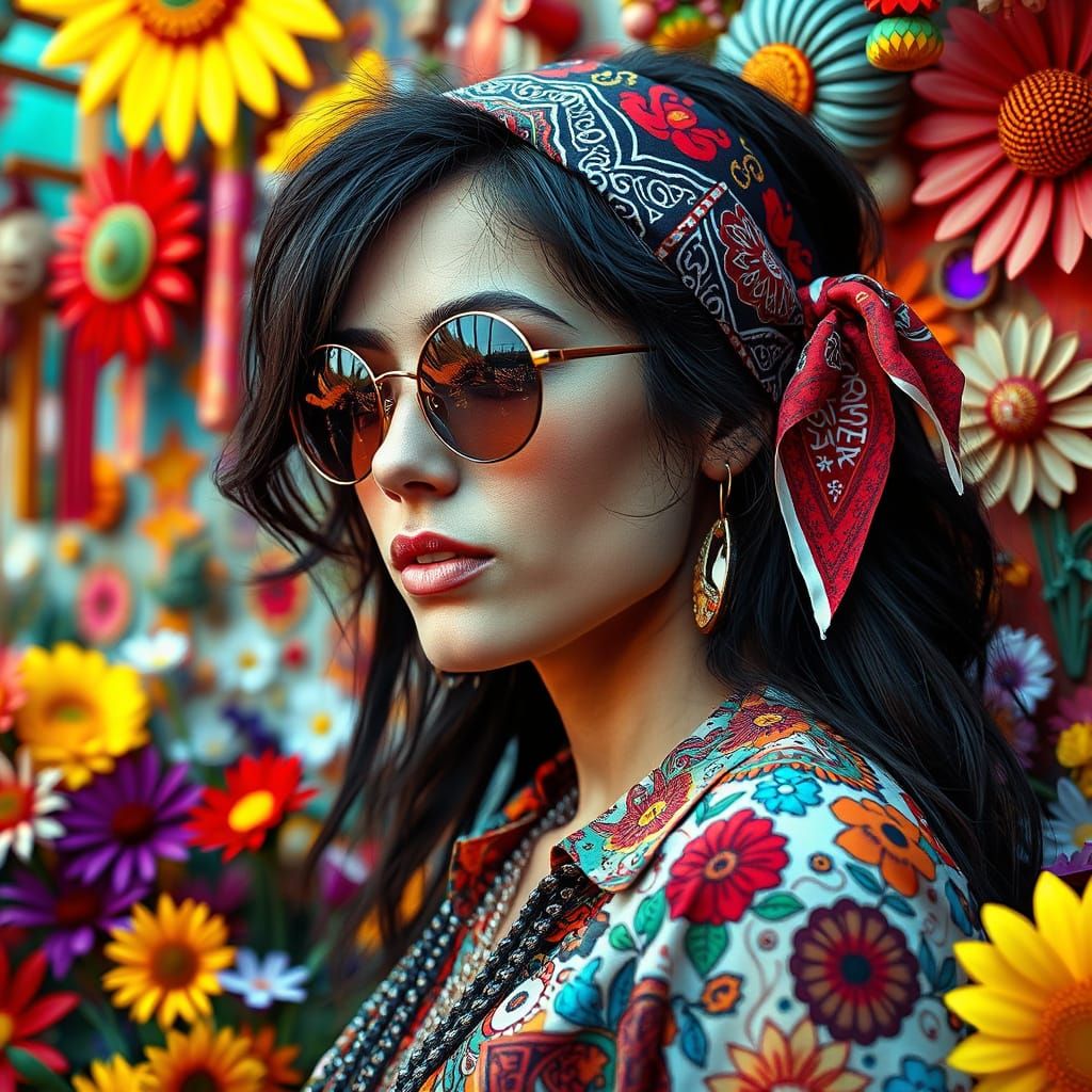 Brunette in Bandana with Psychedelic Flowers