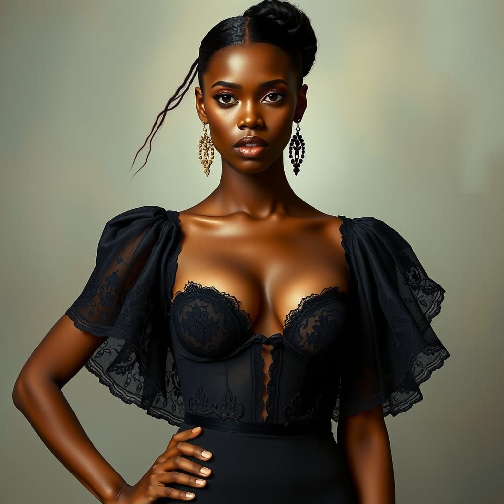 Elegant Black Woman Exudes Allure in Lace Negligee