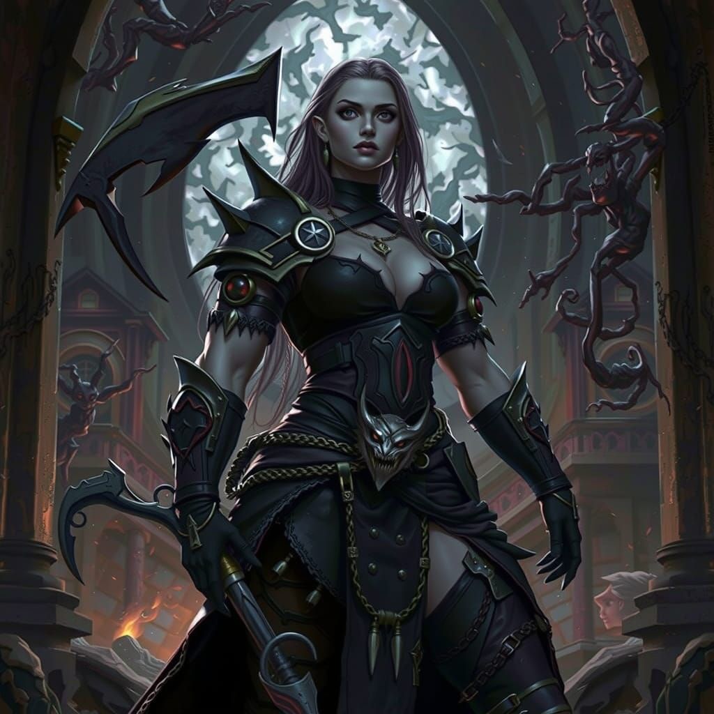 Muscular Drow Matriarch with Scythe in Dark Fantasy Realm
