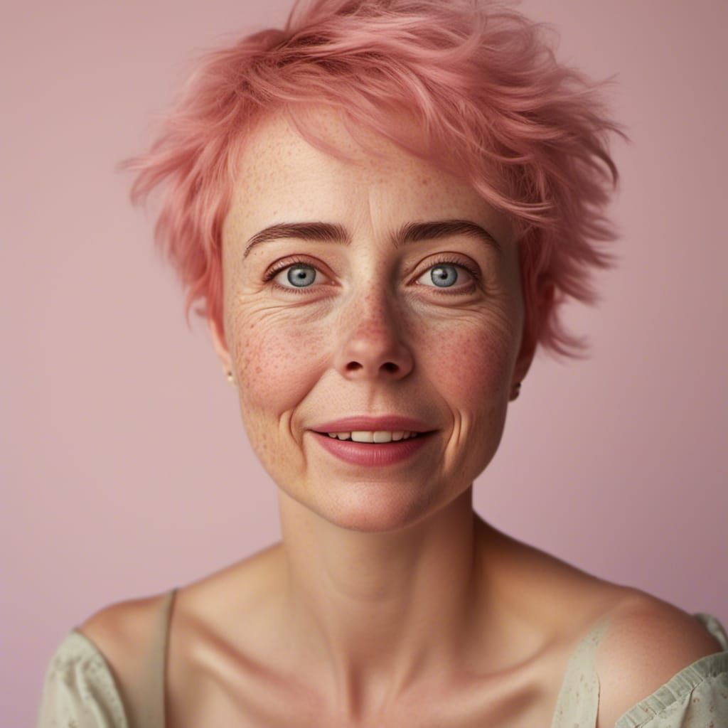 Hyperrealistic Portrait of Woman with Pink Hair