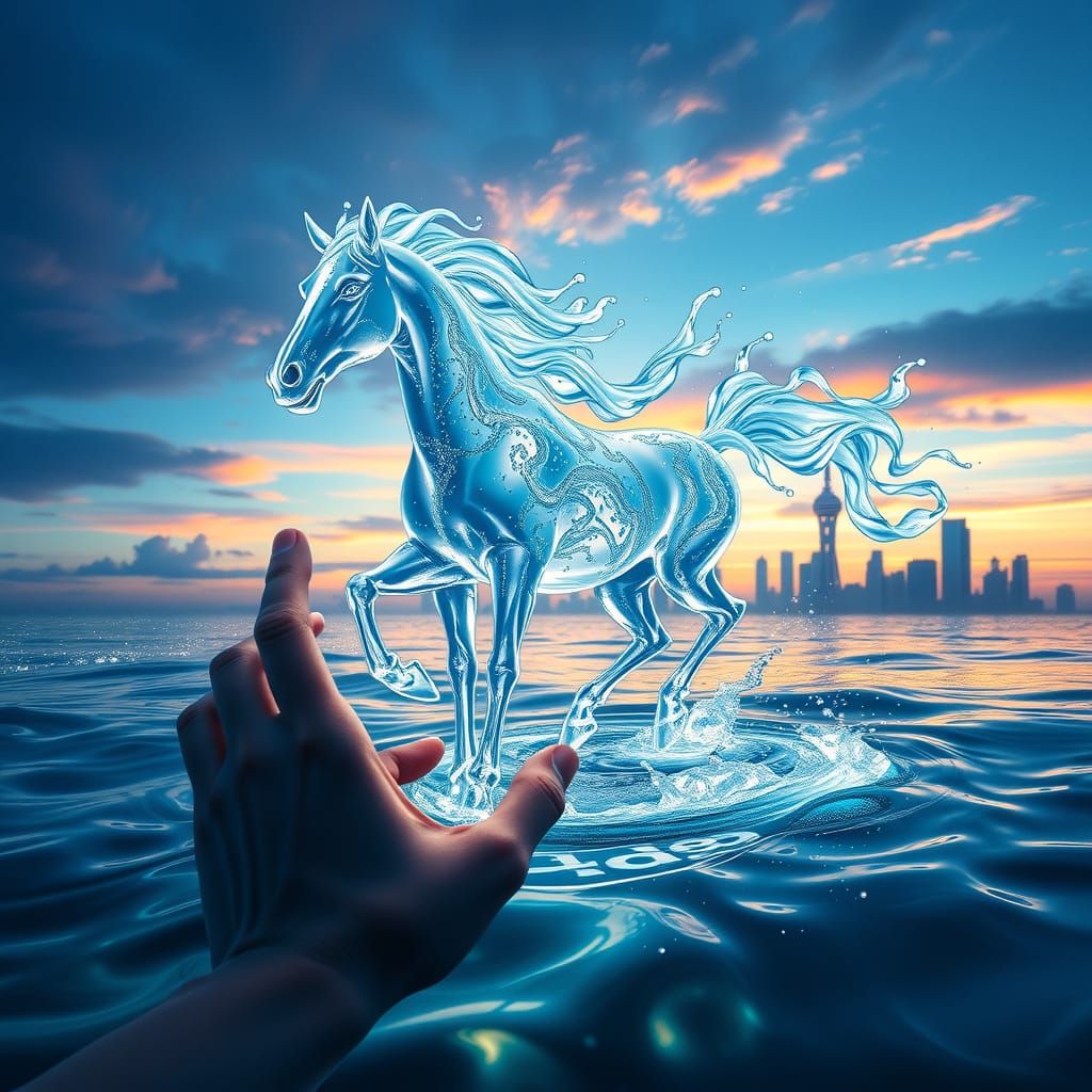 Ethereal Dreamscape with Shimmering Water Forms and a Reachi...