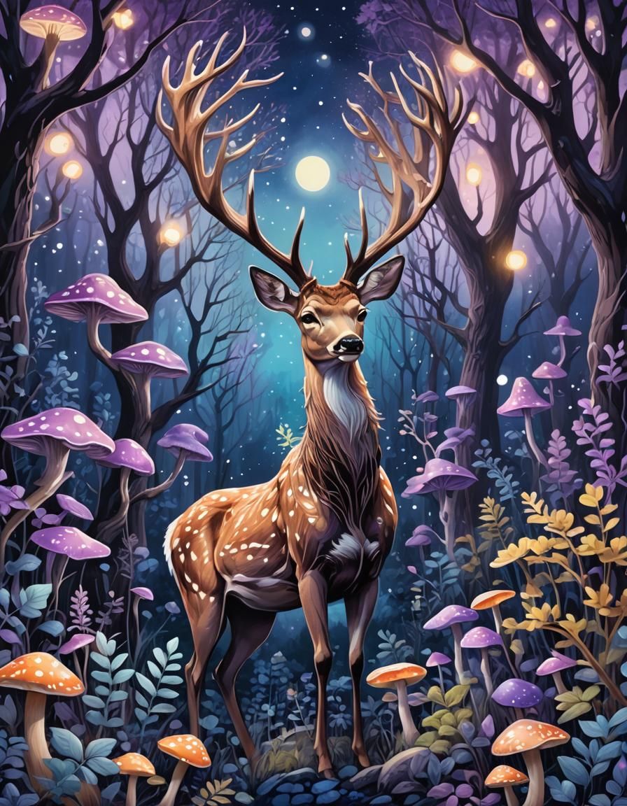 Majestic Deer in Enchanted Forest Illustration