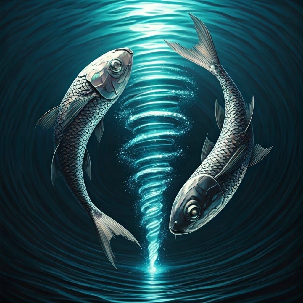 Iridescent Fish Form Celestial Pisces Vortex in Shimmering O...