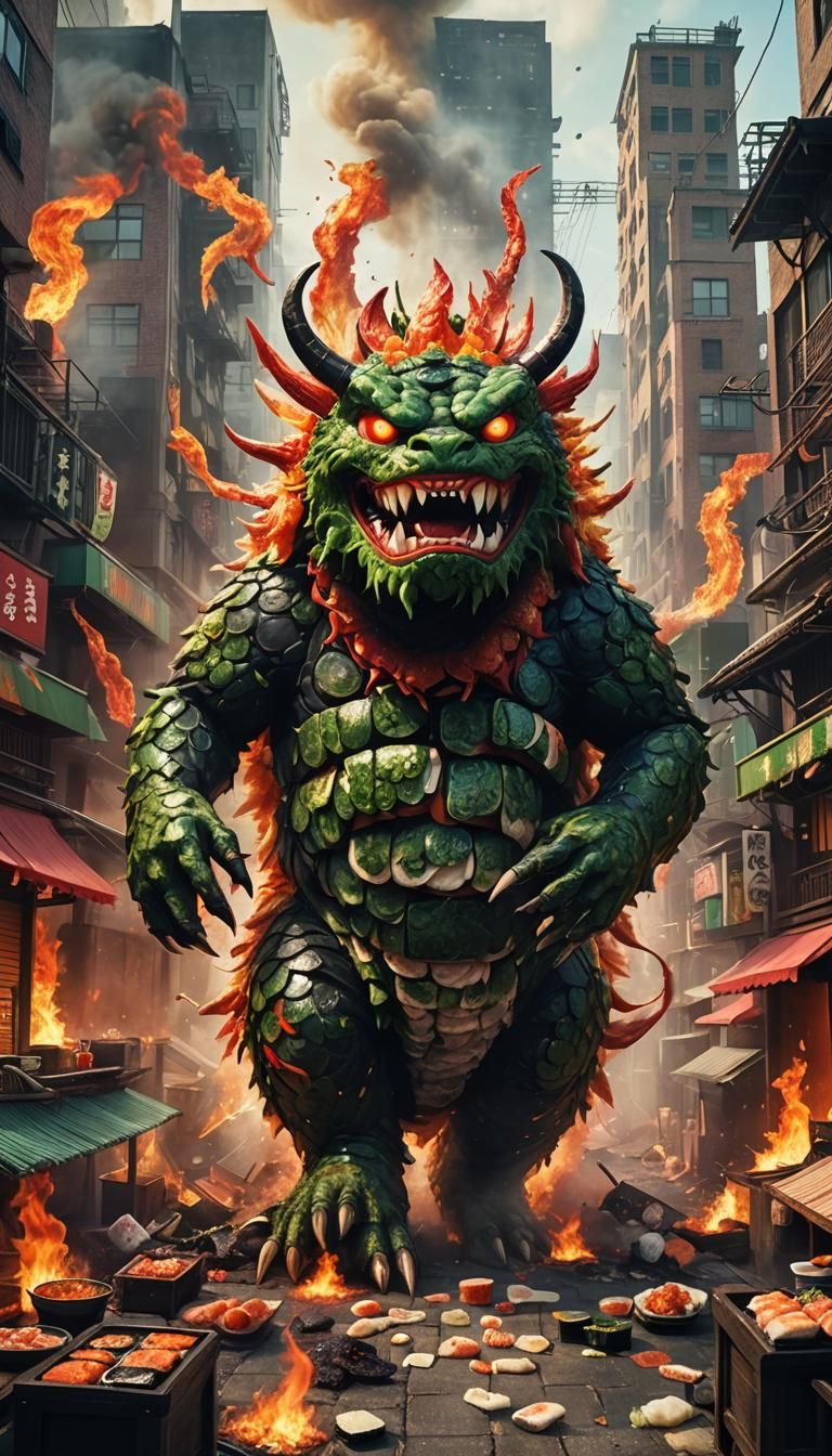 Giant Sushi Monster Wreaks Havoc: Sci-Fi Horror Art