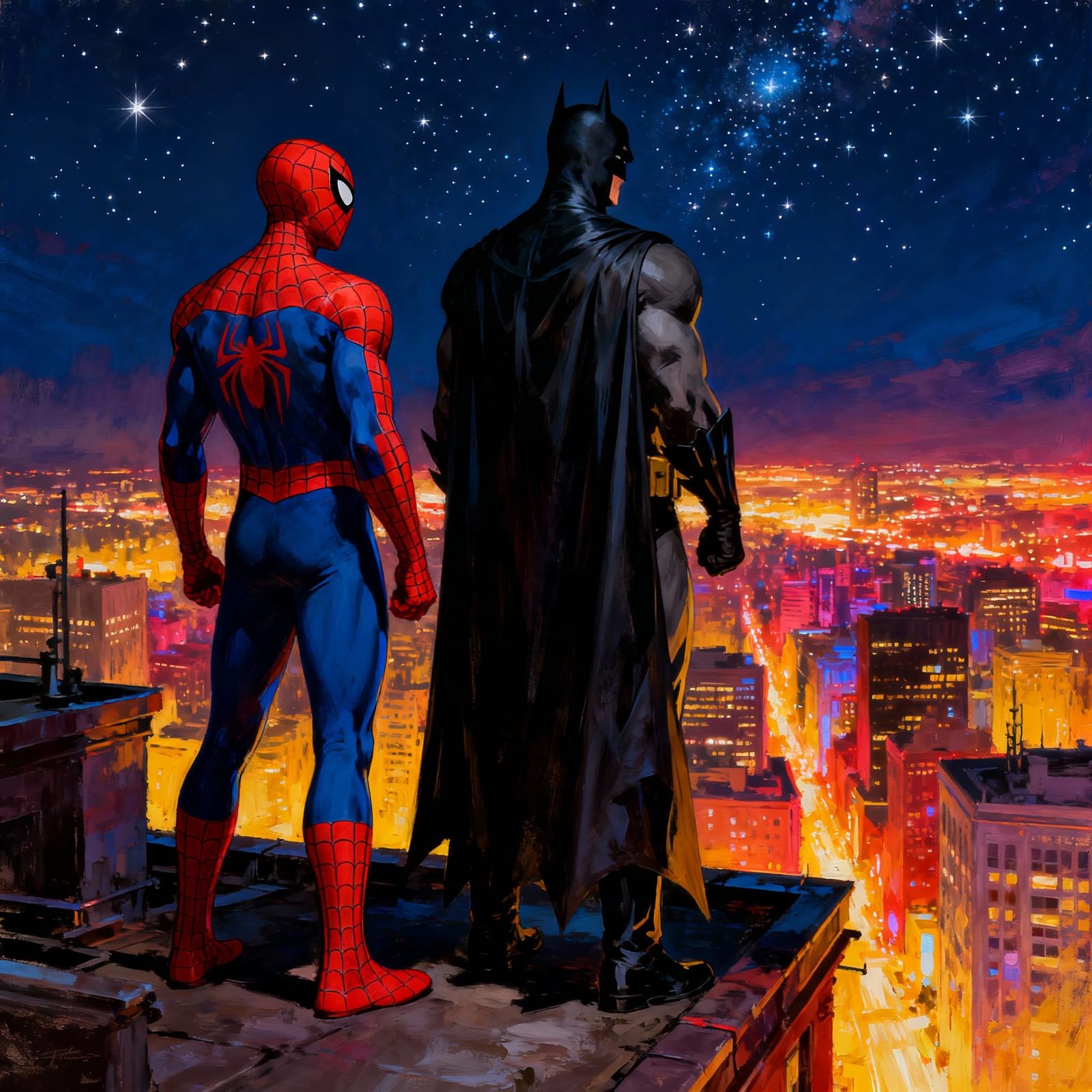 Spider-Man and Batman Over Cityscape