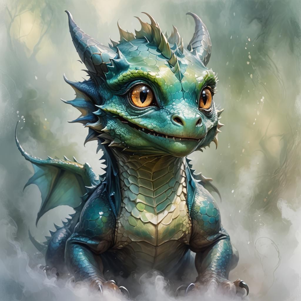 Playful Baby Dragon Portrait in Oil Paint