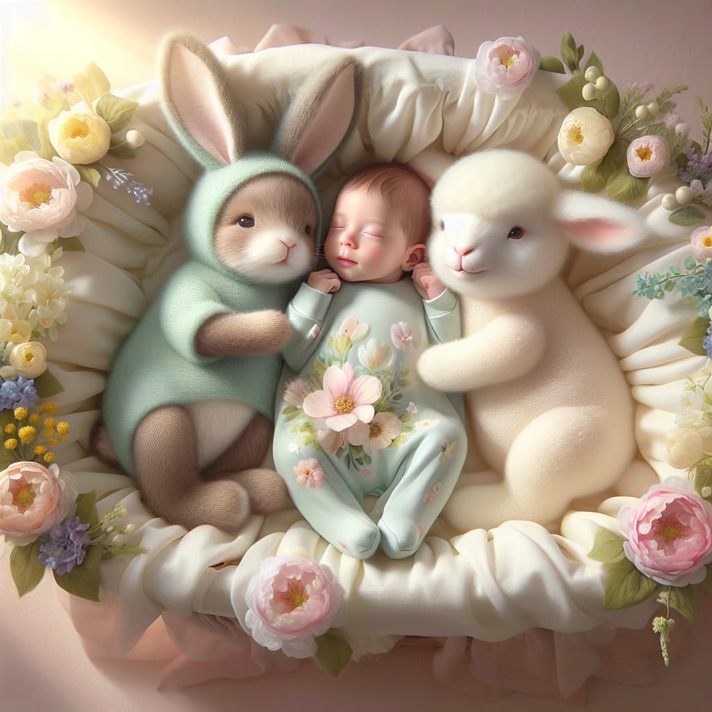 Springtime Nursery Scene with Bunny and Lamb