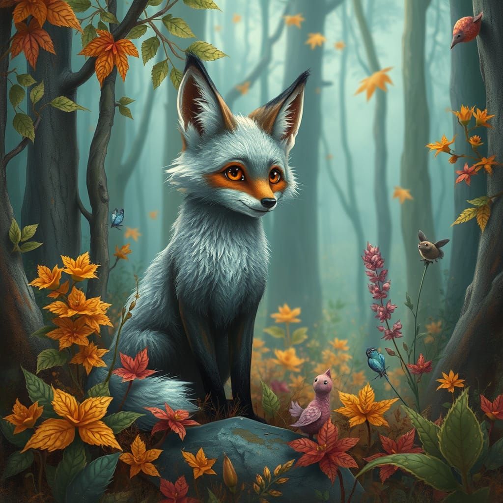 Grey Fox in Mystical Forest, Fantasy Illustration