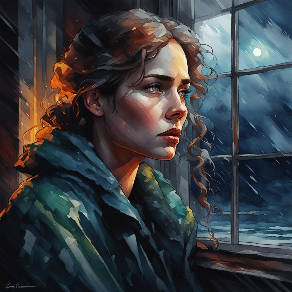 Pensive Woman in Rainy Night: Watercolor Portrait