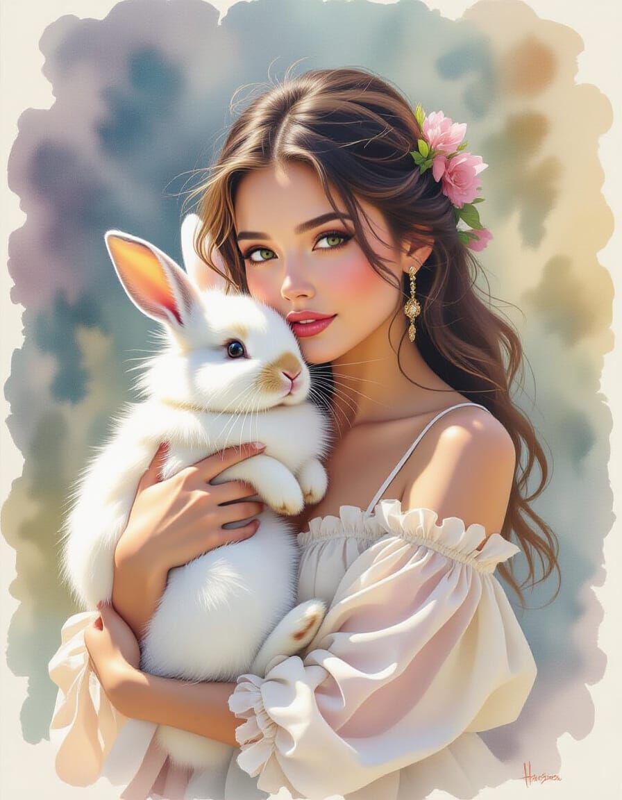 Whimsical Woman Holding Fluffy Bunny in Dreamlike Watercolor...