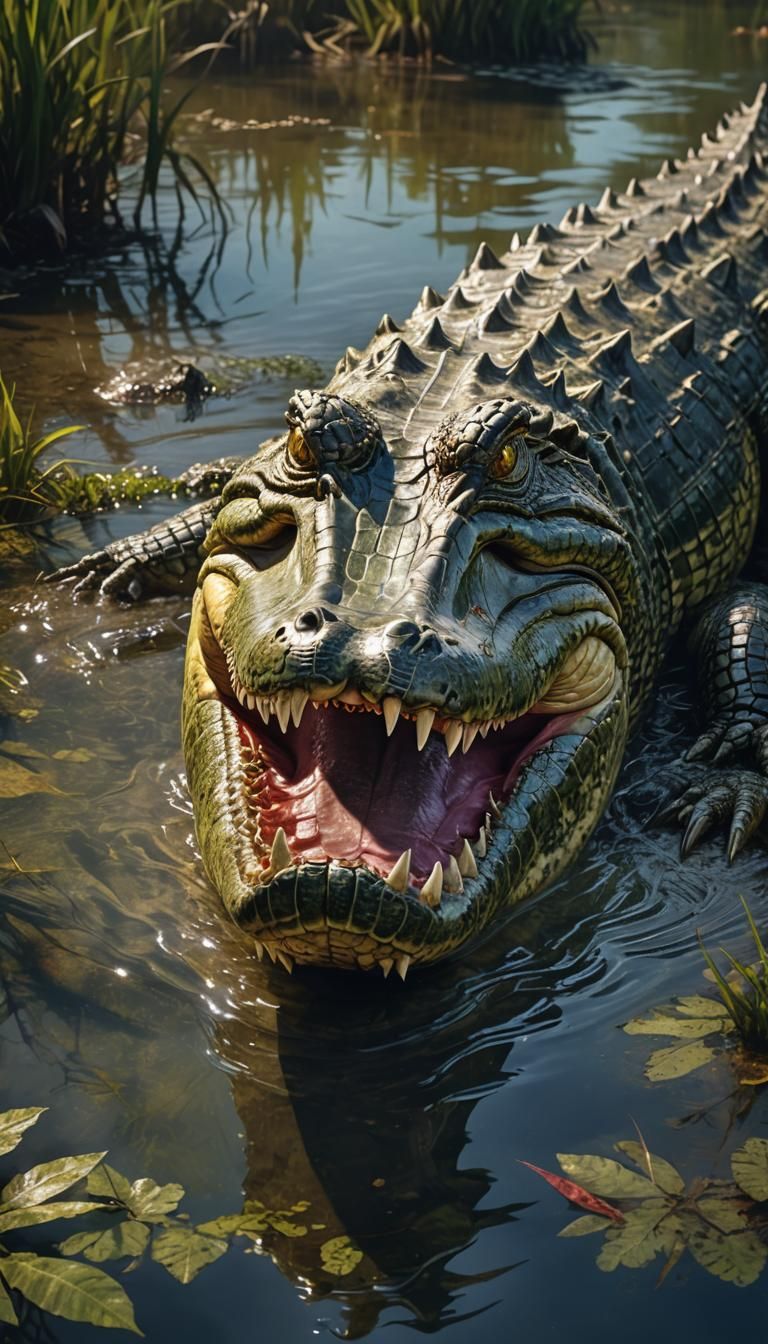 Saltwater Crocodile Attack in Murky Swamp: Digital Art
