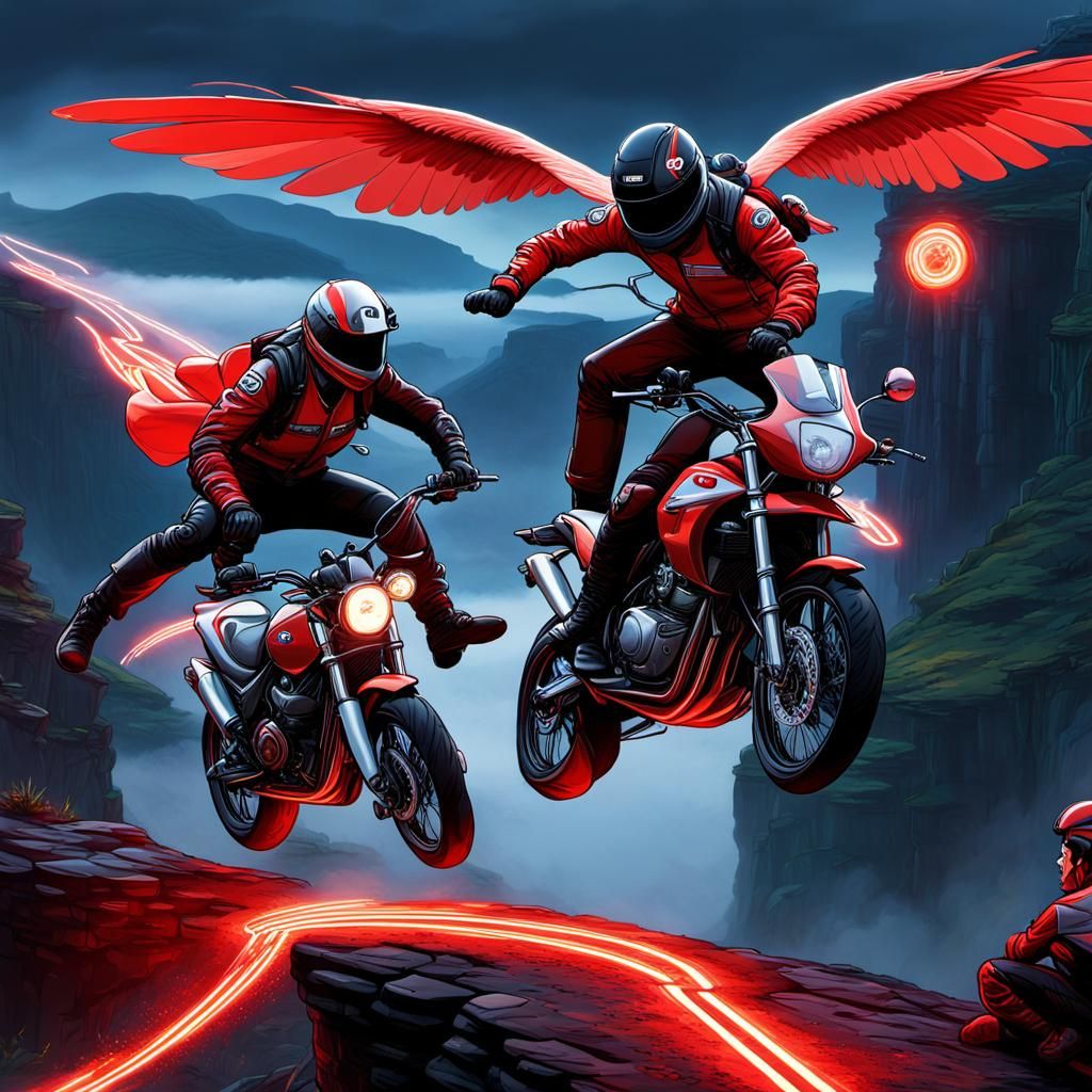 Two motorcyclists, defying gravity and common sense, perform...