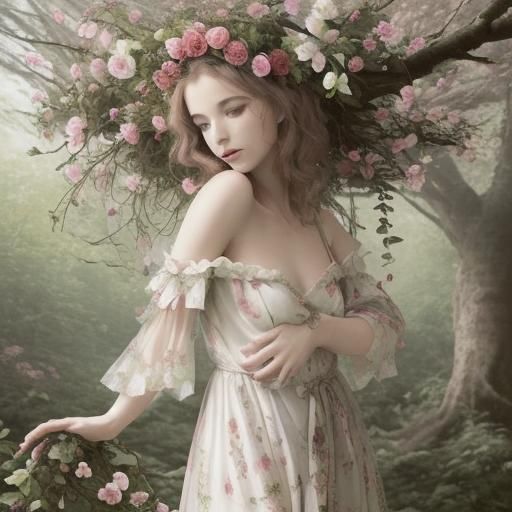 Woman in Floral Dress Among Forest and Butterflies