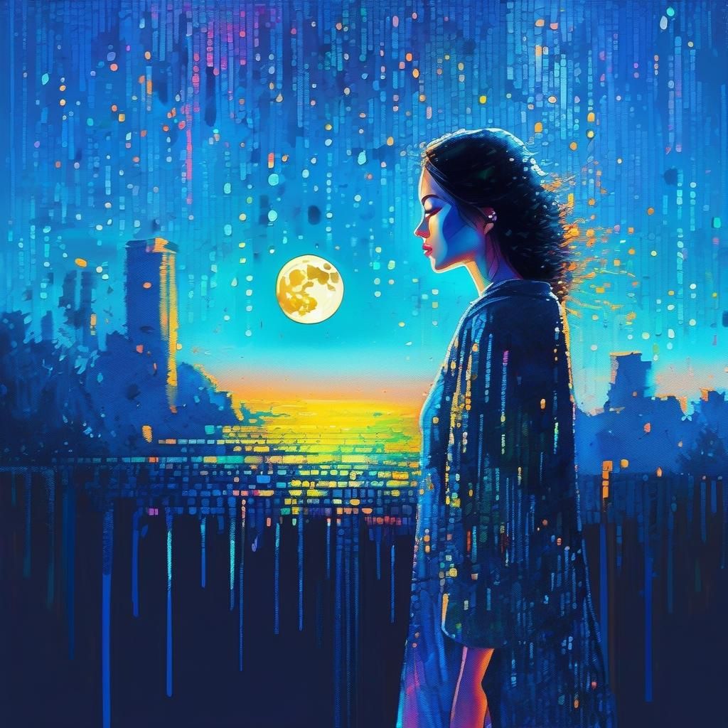 Vibrant Moonlit Portrait in Pointille Style with Glitchy Dig...